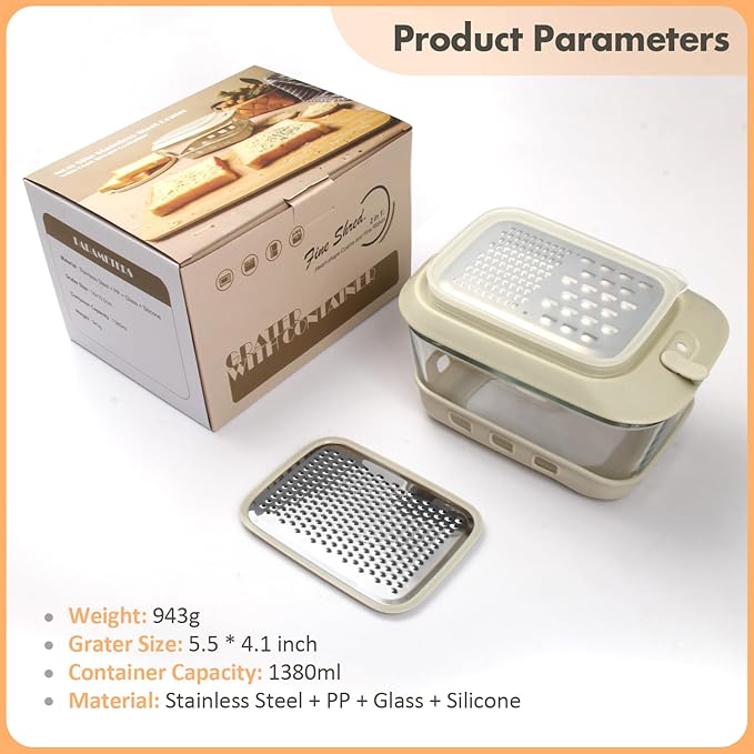 Glass Cheese Grater with Container and Lid, 46OZ Airtight Cheese Grater Bowl, Non-Slip Silicone Base, BPA-Free, Dishwasher & Freezer Safe for Cheese, Butter and Chocolate