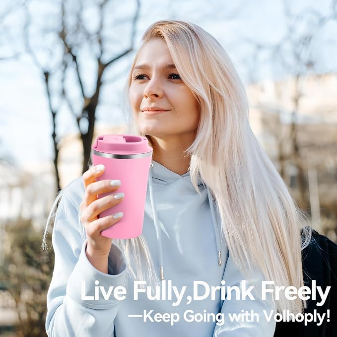 Volhoply 12 oz Double Wall Insulated Vacuum Travel Coffee Mug with Flip Lid,Reusable Stainless Steel Leak Proof Coffee Cup,Portable Iced Cafe Thermal Tumbler Suitable for Hot & Cold Drinks(Pink,1 Set)