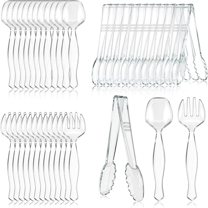 Mwellewm 72Pcs Serving Utensils Large Plastic Serving Utensils Set Serving Spoons for Buffet Clear Disposable Plastic Tongs 8.5'' Heavy Duty Slotted Spoons/Forks Supplies for Party Food Salad Soup