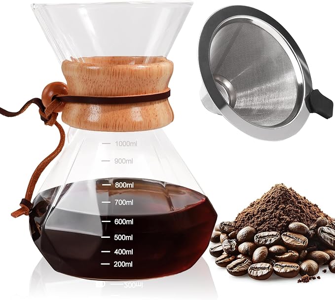 Pour Over Coffee Maker 1000ml with 304 Stainless Steel Filter Wooden Collar Holder Borosilicate Glass Drip Coffeemaker Server Set Clear Hand Brew Dripper Carafe for Home Camping Travel 33.8oz