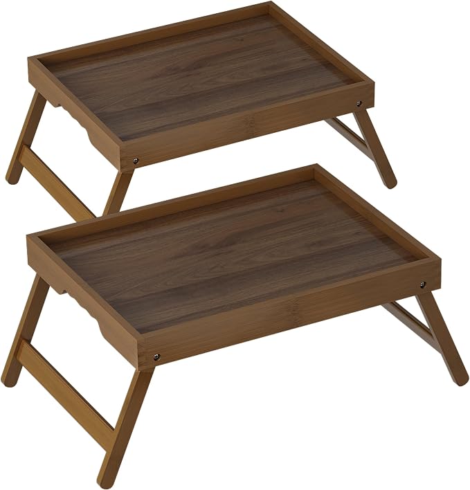 Bamboo Breakfast Trays with Folding Legs, Large, 2-Pack, Walnut | Set of 2 large bamboo bed trays with folding legs and wave handles for meals, laptops and serving in bed.