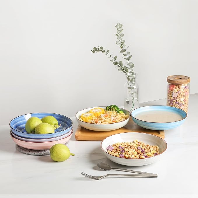 KitchenTour Large Ceramic Pasta Bowls, 34 oz Salad Serving Bowls, Set of 6 | Wide and Shallow Dinner Plate Bowls for Soup, 8.6 Inch, Dishwasher and Microwave Safe, Pastel Swirl
