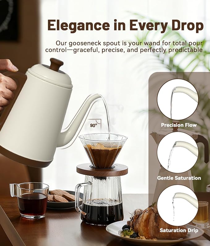 1L Gooseneck Electric Kettle for Pour Over Coffee & Tea | 1000W Fast Heating, Food-Grade Stainless Steel, Auto Shut-Off & Boil-Dry Protection, BPA-Free, White