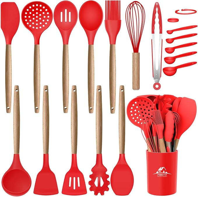 MIBOTE Silicone Cooking Kitchen Utensils Set, Wooden Handle, Red | BPA-Free, Non-Toxic Silicone Turner, Tongs, Spatula, Spoon Set – Great for Nonstick Cookware, Heat-Resistant, Easy Clean