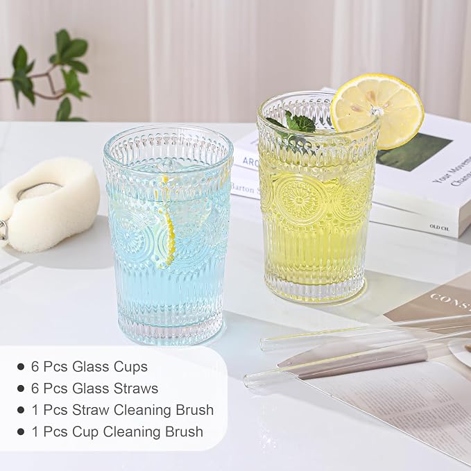 ZMOWIPDL Drinking Glasses Set of 6,13oz Flower Design Clear Glass Cups | Vintage Glassware,Textured Tumblers,Embossed Striped Drinkware for Water,Cocktails,Juice,Iced Coffee