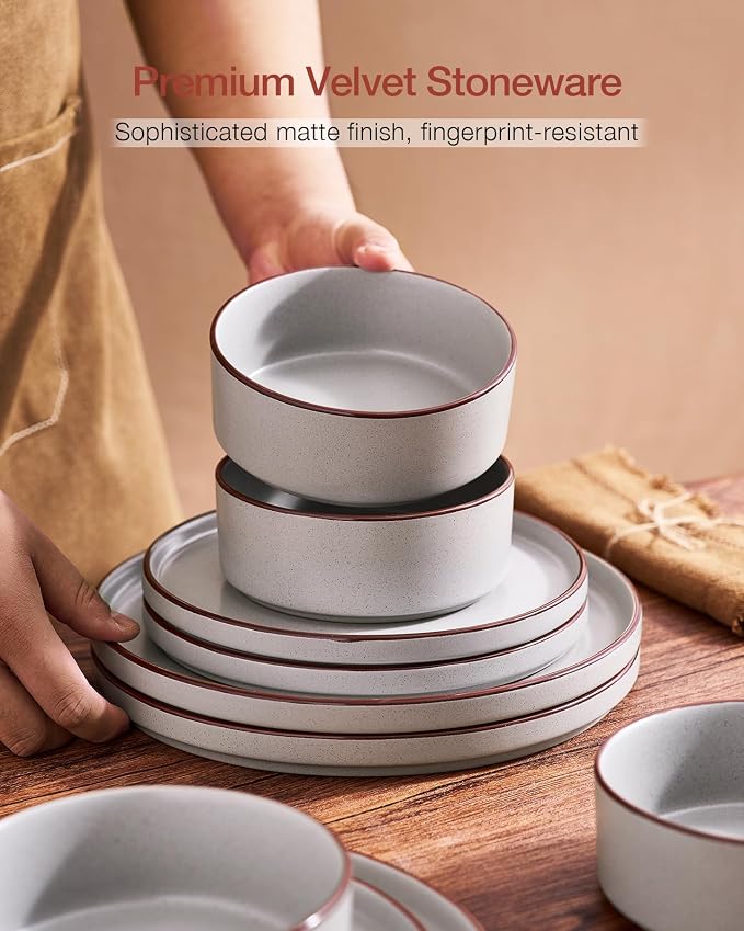 Famiware Nebula Ridge 24-Piece Stoneware Dinnerware Set, Light Gray | Plates and Bowls for 8, Warm Hand-Painted Rims, Microwave and Dishwasher Safe, Daily Essentials