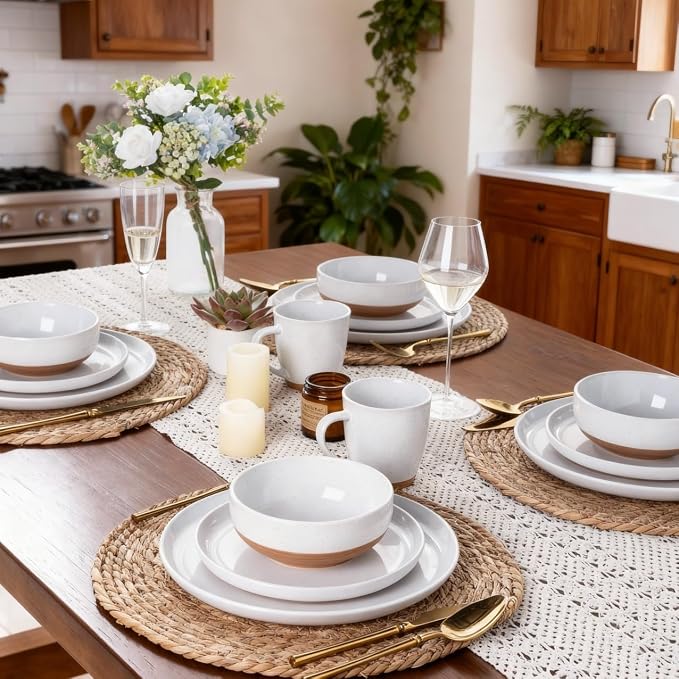 AmorArc Dinnerware Sets for 8, 24 Pieces Ceramic Plates and Bowls Set | Scratch Resistant Stoneware Dishes Set, Dishwasher & Microwave Safe,White