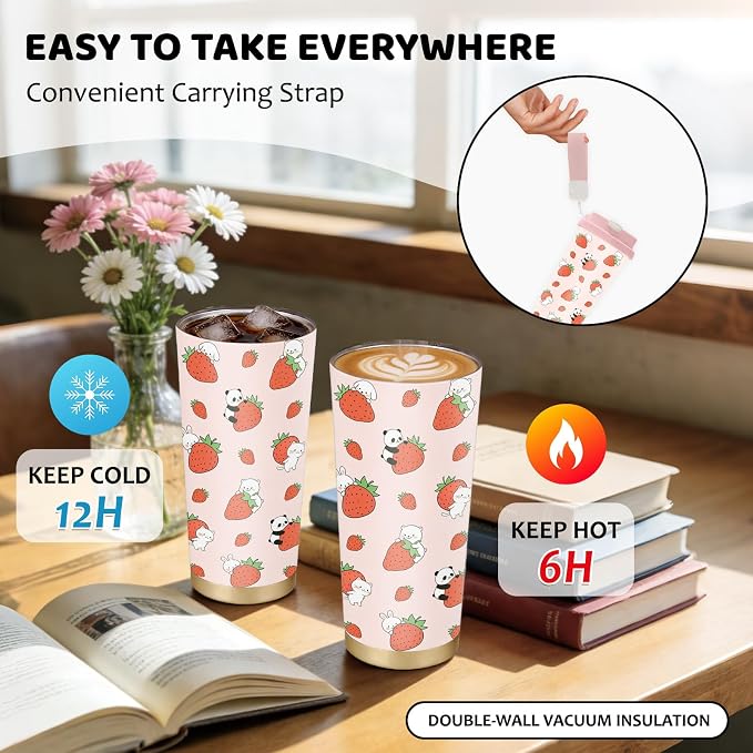Strawberry Stainless Steel 2-in-1 Lid Coffee Tumbler 18 oz Cute Strawberries Print Insulated Travel Coffee Mug Strawberry Gifts for Women Girls Birthday Christmas