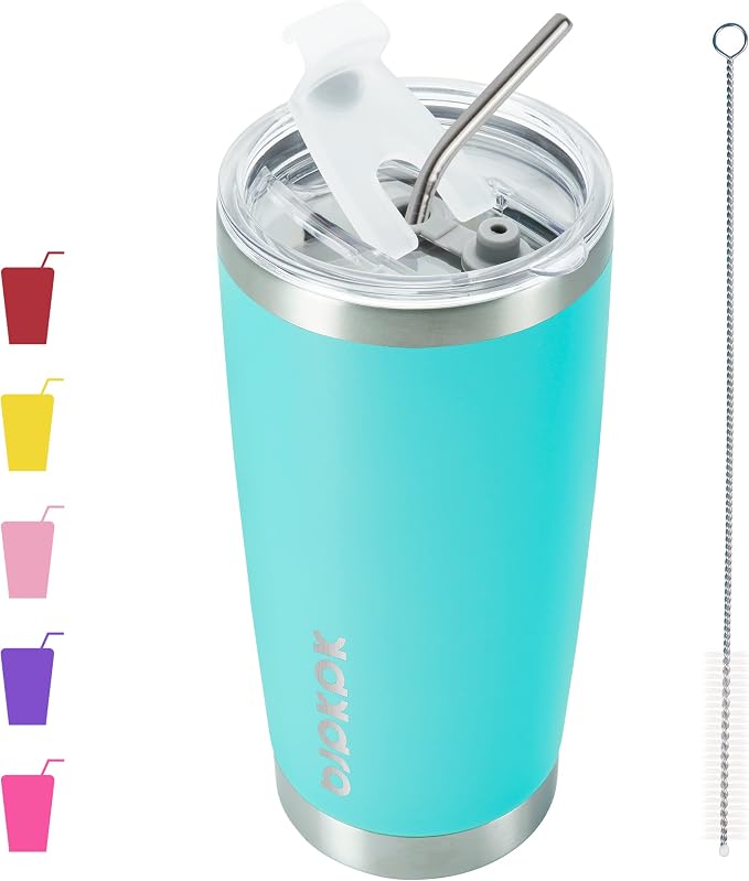 BJPKPK 20 oz Coffee Tumbler with Lid, Straw, Insulated Stainless Steel Mug | Double Wall Vacuum, Keeps Hot/Cold, BPA Free, Leak Proof, Iced Coffee Cup Fit Car Holder, Travel & Beach Ready, Turquoise
