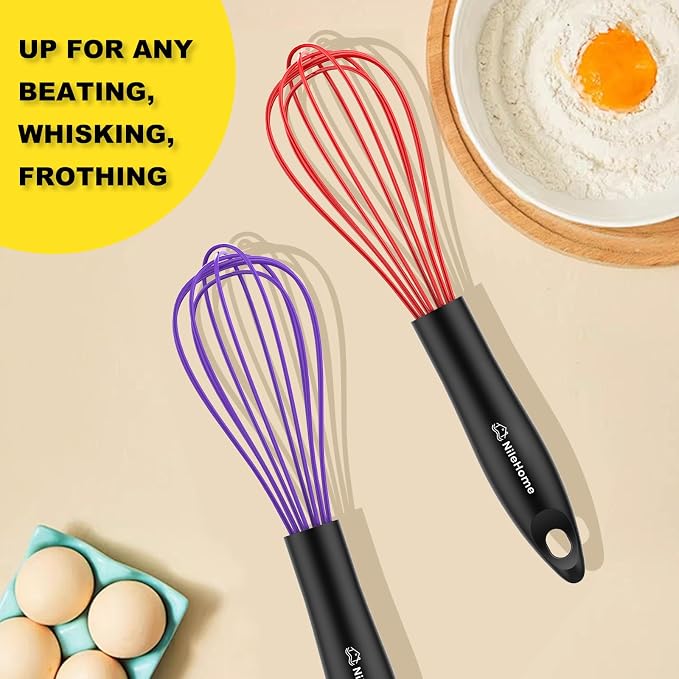 NileHome Silicone Whisk Set 10", 2 Pack Kitchen Whisk Kitchen Wisk Wire Whisks for Cooking, Whisking, Blending, Beating, Stirring-Purple Red