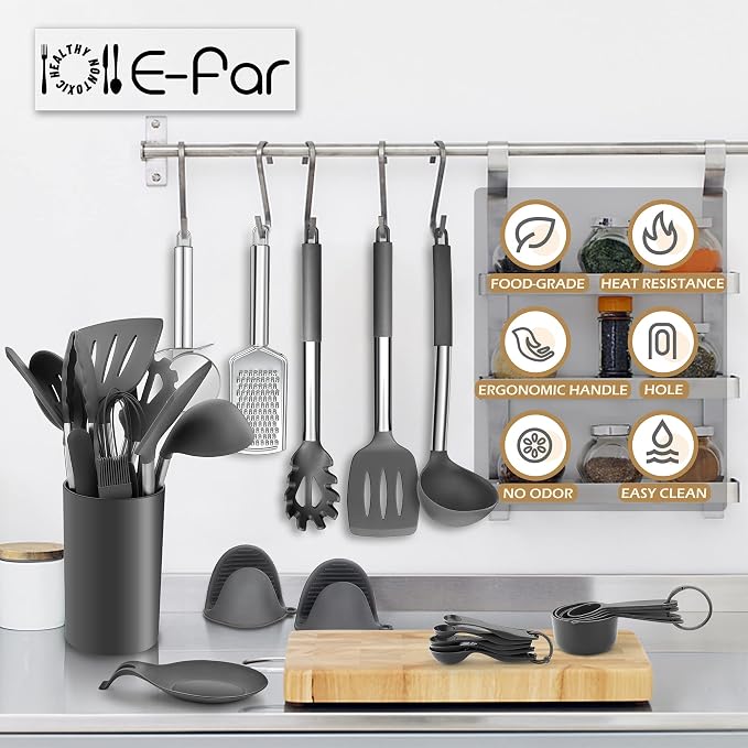 E-far Silicone Cooking Utensils Set, 30-Piece Gray Kitchen Utensils Set | Heat Resistant Nonstick Cookware, Kitchen Tools Spatulas with Stainless Steel Handle, Spatulas Turner Tong Spoon Whisk Ladle