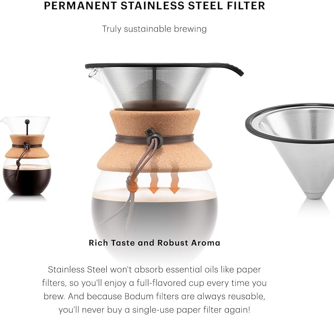 Bodum 34oz Pour Over Coffee Maker, High-Heat Borosilicate Glass with Reusable Stainless Steel Filter and Cork Grip - Made in Portugal