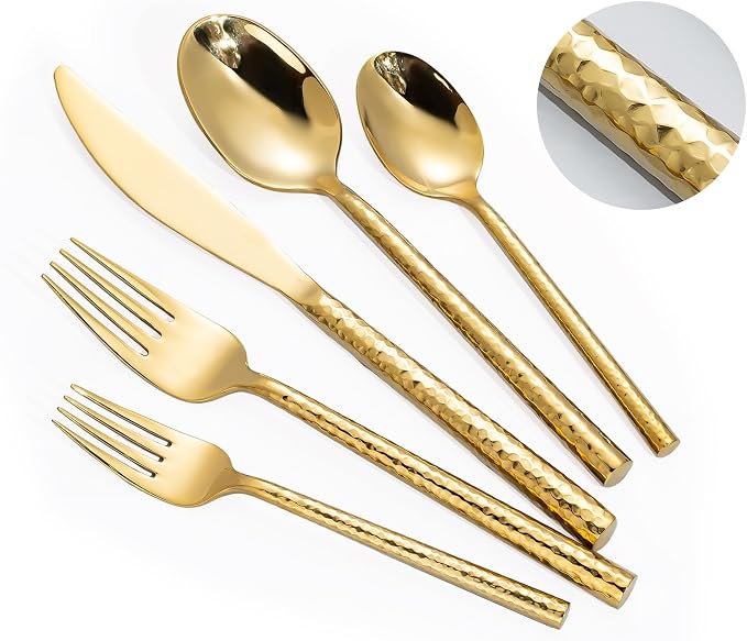 Hammered Gold Silverware Set,Zerophilo Flatware Set 20 Pieces 18/10 Stainless Steel Cutlery Set for 4 Mirror Polished,Dishwasher Safe