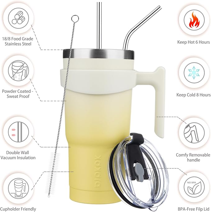 BJPKPK 20 oz Tumbler with Handle & Straw, Insulated Stainless Steel Mug | Double Wall Vacuum, Keeps Hot/Cold, Thermal Cup, BPA Free, Dishwasher Safe, Cupholder Fit, Coffee & Travel, Lemon