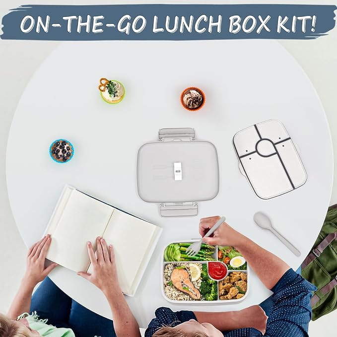 5 Compartmets Bento Box Adult Lunch Box with 3 Silicone Baking Cups