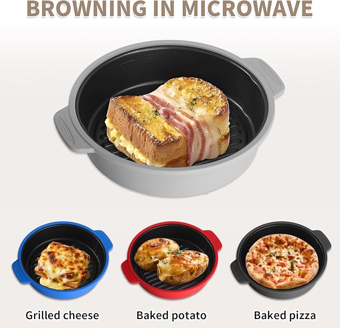 GLOU-GLOU GOOSE GGG Microwave Grill Pan, Fry Griddle Crisper Pan with Lid for Grilling Browning and Crisping Foods Microwave Silicone Cookware for Meat Sandwich Vegetable Light Grey