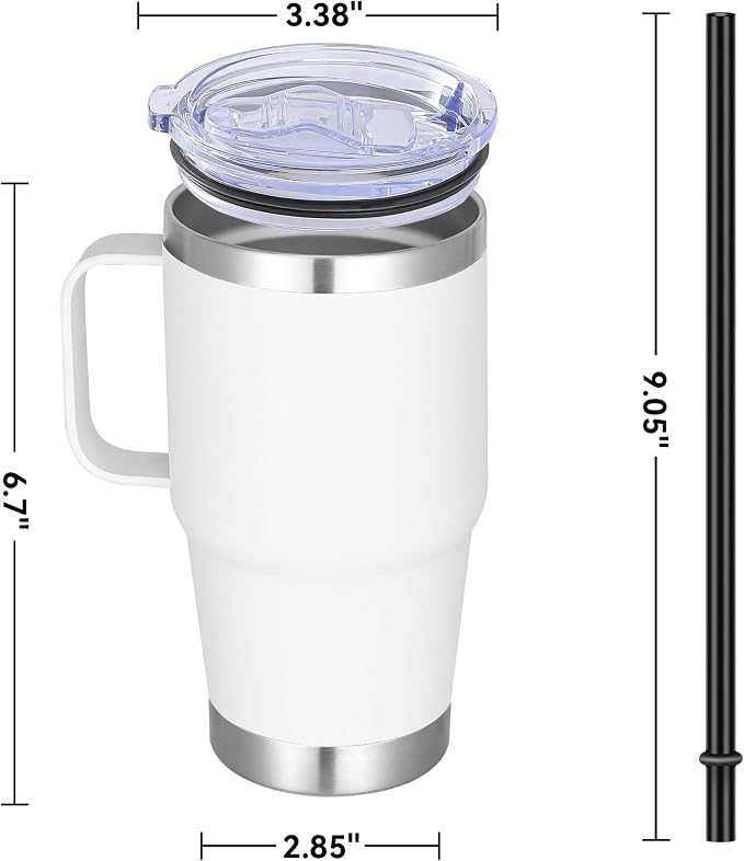 20 oz Stainless Steel Tumbler with Handle Bulk Metal Insulated Tumblers Travel Coffee Mug with Handle Double Wall Tumbler Cup with Lid and Straw, White 12 Pack