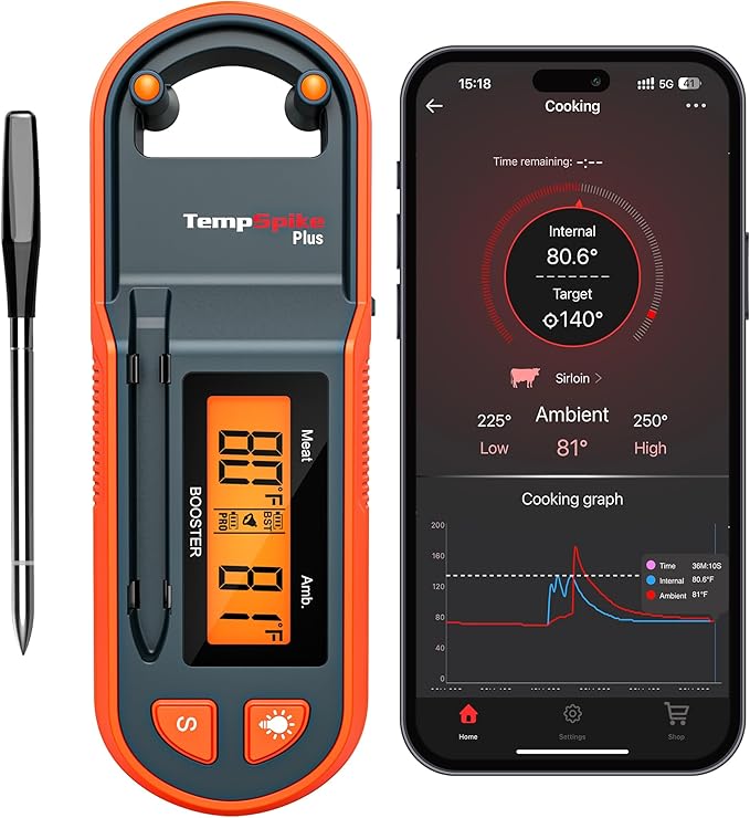 TempPro TempSpike 600ft Wireless Meat Thermometer with Ultra-Thinner Probe | Longer Range Bluetooth Meat Thermometer Wireless with LCD-Enhanced Booster for BBQ Grill Smoker Rotisserie Sous Vide