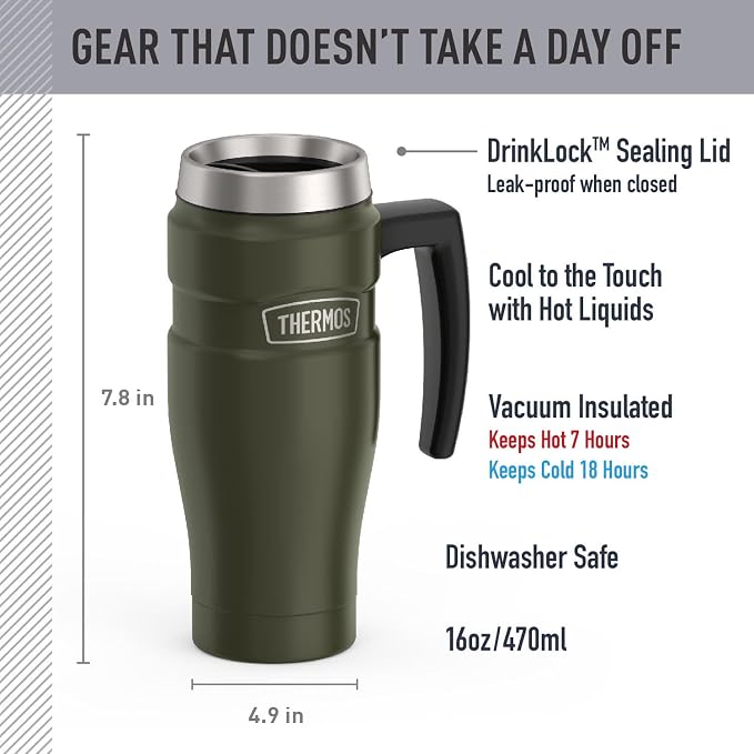 THERMOS Stainless King Travel Mug with Handle, 16oz, Army Green | Vacuum-Insulated Travel Mug with Handle for Hot & Cold Drinks, Stainless Steel Coffee Mug with Lid for Commuting