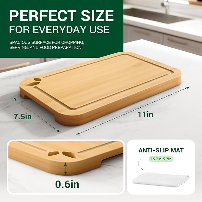 Bamboo Cutting Boards for Kitchen, Wooden Cutting Boards, 11 x 7.5 inch | Knife-Friendly Chopping Boards with Silicone Mat, Charcuterie Boards with Side Handles and Juice Grooves