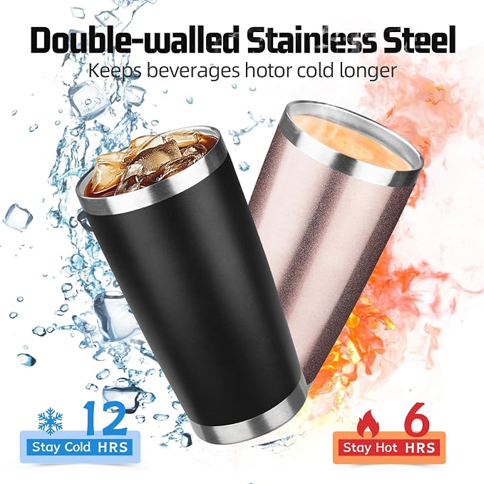 20 oz Tumbler with Lids and Straws, Stainless Steel Insulated Travel Coffee Mug, Double Wall Vacuum Insulated Tumblers, Powder Coated Coffee Tumbler for Cold & Hot Drinks (Black)