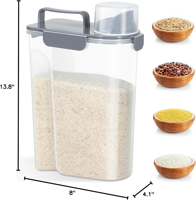 Airtight 10 Lbs Rice Storage Container Pet Dog Cat Food Holder 5 Lbs - Grey | Portable Bird Seed Dispenser Cat Food Containers with Large Pour Spout for Travel Cereal Oatmeal Holder with Measuring Cup