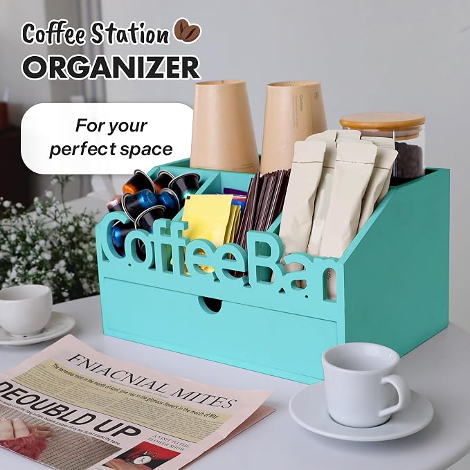 Coffee Bar Organizer Countertop, Wood Coffee Station, Drawer, Turquoise | K-Cups, Tea Bags, Sugar Packets & Creamers