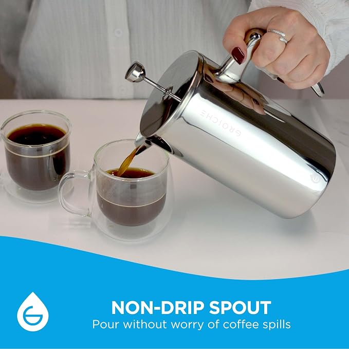 GROSCHE Dublin Double Wall Stainless Steel French Press, 8 Cup, 34 oz | Fine-Mesh Filter Reduces Grit, Insulated Body Retains Heat, Dishwasher-Safe Parts Simplify Cleanup for Daily Hot or Cold Brew