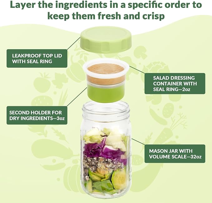 SOLIGT 4 Pack Glass Salad Jars with Lids Meal Prep, Wet/Dry Separation | Pink/Orange/Sky Blue/Olive Green, Leakproof, Two Small Built-in Cups for Salad Dressing and Dry Ingredients,32oz Mason Jars
