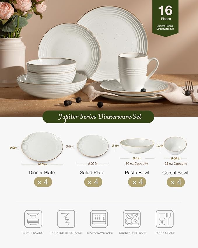 Famiware Jupiter Stoneware Dinnerware Sets with Pasta Bowls, Dishes for 4 | 16 pcs Speckled Plates and Double Bowls with Rim, Chip & Scratch Resistant, Microwave & Dishwasher Safe, Modern Neutral White