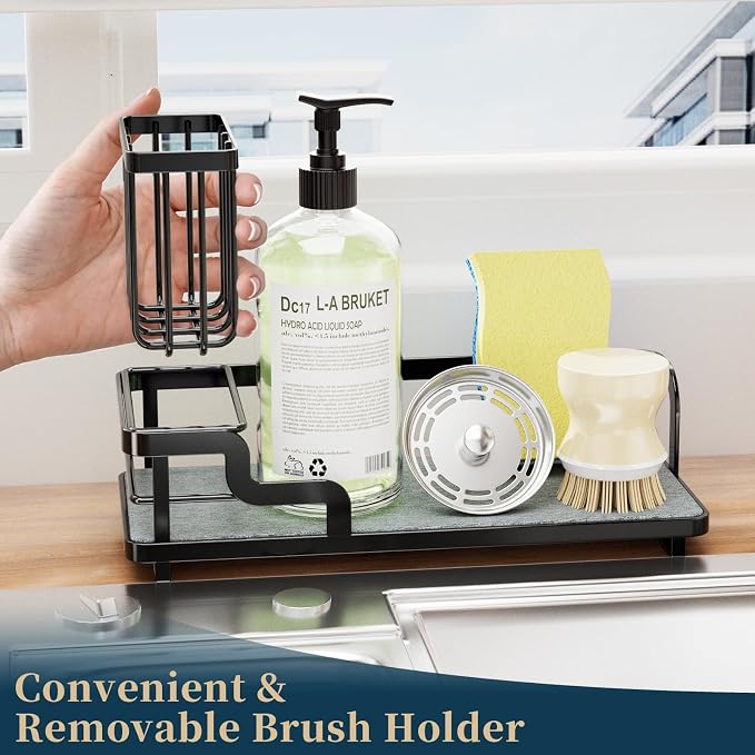 Consumest Sponge Holder for Kitchen Sink - Sink Caddy Organizer with Water Absorbing Stone Tray, Detachable Brush Holder, Stainless Steel Kitchen Counter Organizer Rack, Black