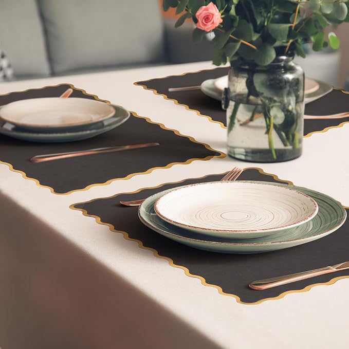 FoldTier 150 Pcs Disposable Paper Placemats Bulk 10"x14" Rectangle Place Mats with Scalloped Edges Dining Table Mat for Wedding Birthday Party Table Decoration(Black)