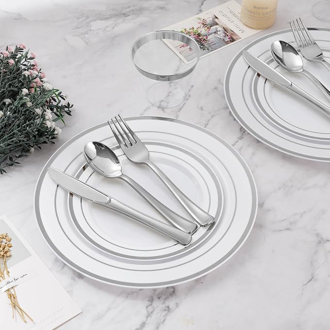 BESTVIP 600PCS Silver Dinnerware Set for 100 Guests, Plastic Plates for Party, 100 Silver Disposable Plates, 100 Dessert Plates, 100 Cups, 100 Spoons, 100 Forks and 100 Knives | Plastic Plates for Party, 100 Silver Disposable Plates, 100 Dessert Plates...