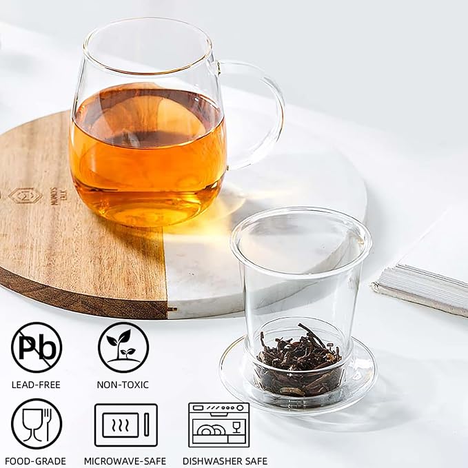 Clear Glass Teacup with Infuser and Lids for Blooming & Loose Leaf, 17oz | Borosilicate, Heat Resistance, Lead-free, Microwave & Dishwasher Safe