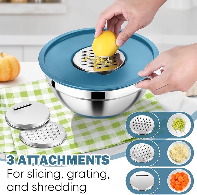 E-far 25PCS Mixing Bowls with Lid Set, Stainless Steel Nesting Prep Bowls with Grater Attachments Non-Slip Bottoms for Cooking, Baking, Serving, Food Storage, 4.6/2.6/2/1.5/1/0.7QT - Blue