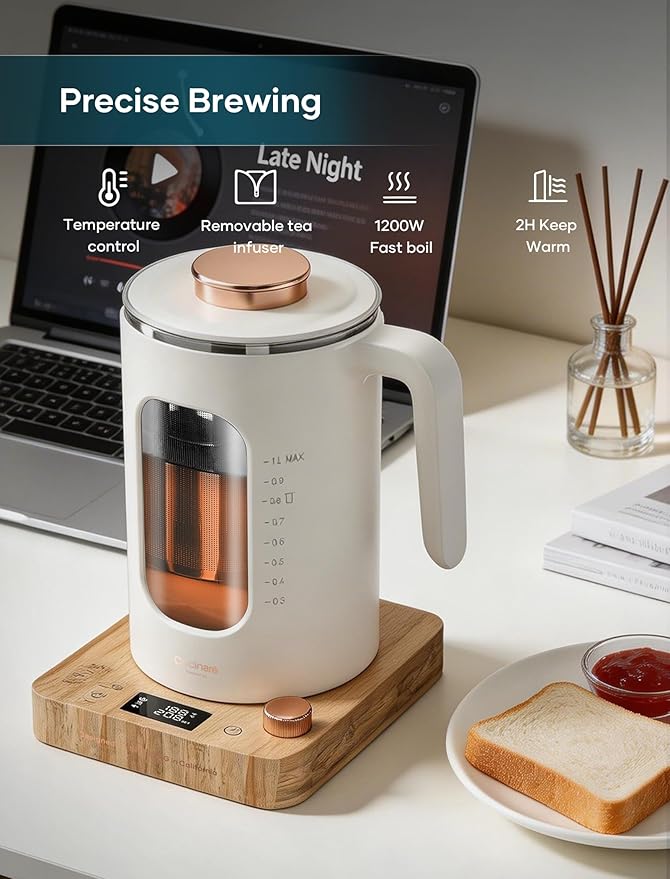INTASTING Electric Kettle, Electric Tea Kettle with Infuser, 1 Liter | ±1℉ Temperature Control, 1200W Fast Heating, BPA-Free Glass, Easy to Clean, Keep-warm, Auto shut-off, Cream