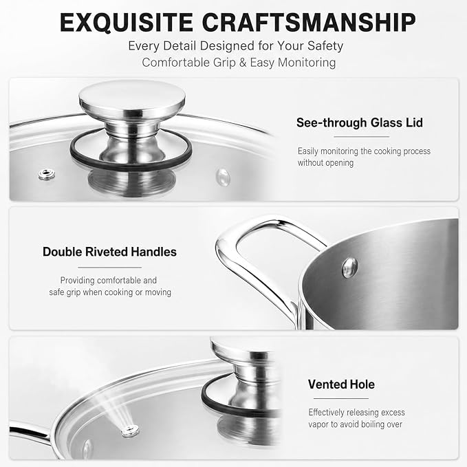 TeamFar 8 Quart Stock Pot, Tri-Ply Stainless Steel Pasta Pot with Lid | Cooking Broiling Eggs Veggies Soup, Tempered Glass Lid & Double Side Riveted Handles, Healthy & Heavy Duty, Dishwasher Safe
