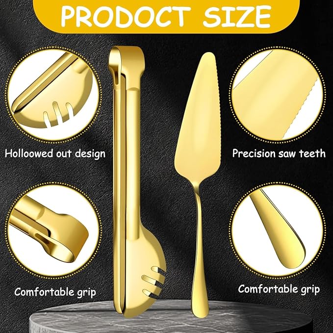 12 Pcs Gold Serving Utensils Set Include Stainless Steel Large Serving Spoons Slotted Spoons Forks Soup Ladle Pie Server - Metal Utensils for Parties Buffet Catering, Dishwasher Safe