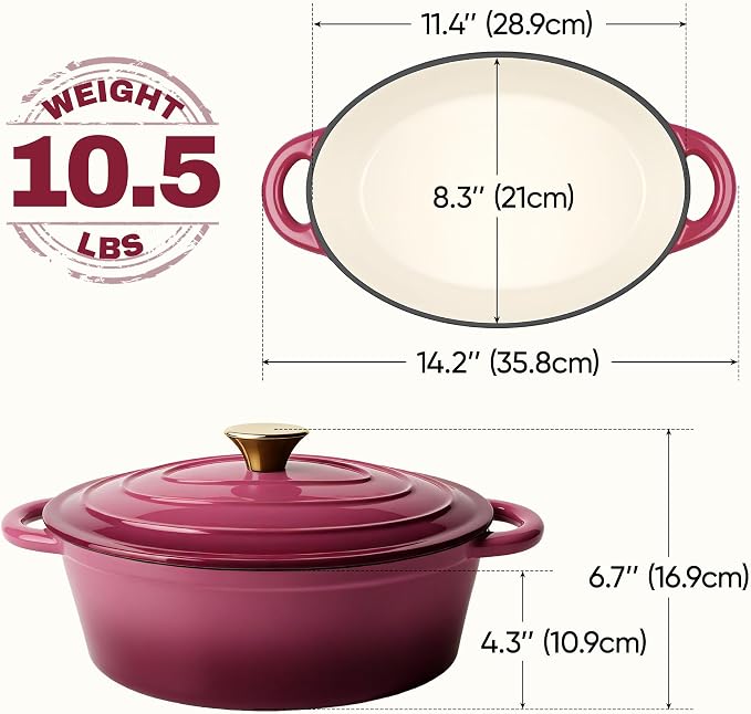 Oval Dutch Oven for Bread Baking, 4.5 Quart Non Stick Enameled Cast Iron Dutch Oven Pot with Lid, Oven Safe Oval Casserole with Lid up to 500°F for Baking, Braising, Stews, Roasting, Rose