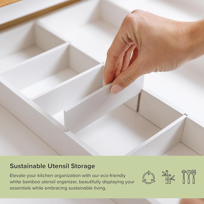 Utensil & Junk Drawer Organizer, 19-33 in, White Bamboo | Food-safe contract grade, 100% sustainable wood, non-slip, adjustable