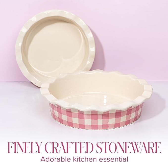 Paris Hilton Ceramic Pie Dish Set, 7-Inch and 9-Inch Stoneware Baking Dishes with Fluted Rim and Gingham Design, Oven Safe up to 450°F, 2-Piece, Pink