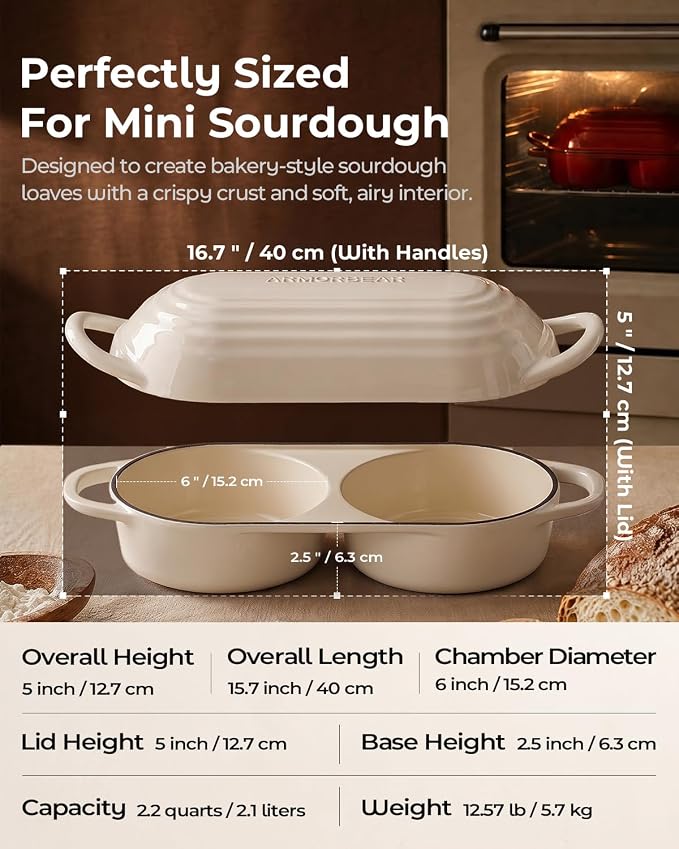 Mini Double Dutch Oven for Sourdough, Enameled Cast Iron Bread Pan, White | Double Loaf Bread Pan with Lid, Mini Sourdough Dutch Oven for Bread Baking