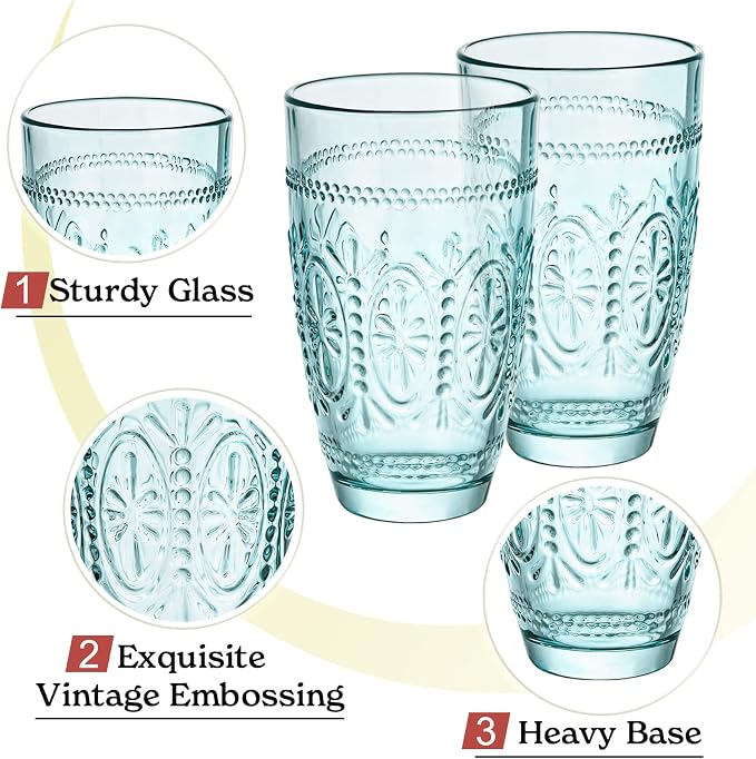 Colored Vintage Drinking Glasses Set of 4, 15.5 oz Romantic Embossed Water Glasses, Colored Tumblers Tempered Glass for Juice, Beverages, Beer, Cocktail