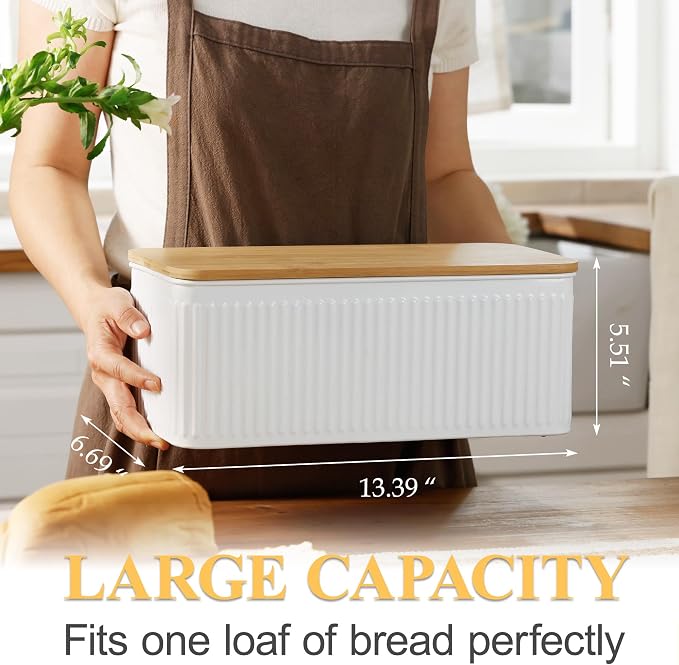 Large White Vertical Stripe Embossed Bread Box with Bamboo Lid | Corner Breadbox for Homemade Bread, Metal Bread Storage Container Bin for Kitchen Countertop