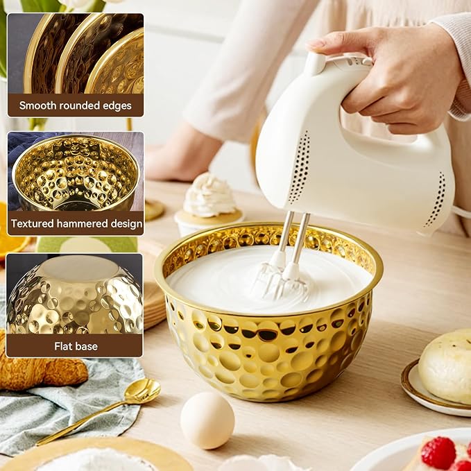 Gold Serving Bowls, Hammered Gold Bowls Set of 3, Large Popcorn Bowl Elegant Snack Bowl Set for Movie Night, Decorative Stainless Steel Salad Bowls for Party & Entertaining (7.2, 4, 2 Qt)