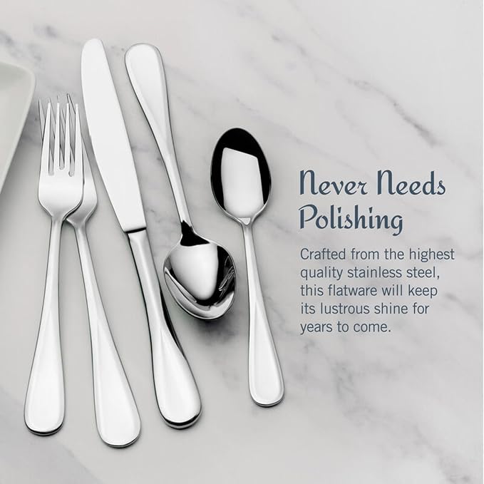 Mikasa Bravo 18/10 Stainless Steel Flatware Set, 101-Piece Service for 12, Polished Silver Silverware Set with Teardrop Handle, Dishwasher Safe Cutlery Set