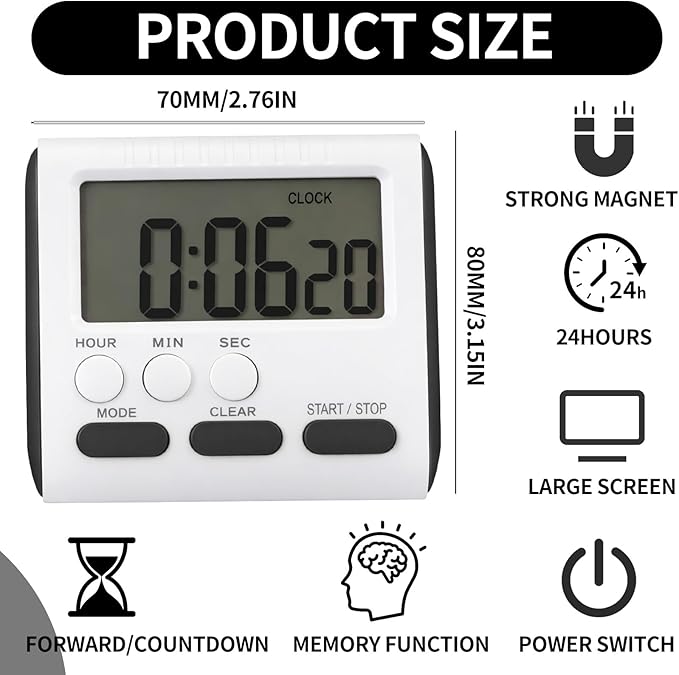 Mudder 12 Pack Digital Kitchen Timer for Cooking, Large Digits, 24 Hour Magnetic Backing Stand Kitchen Timers Clock for Classroom Kids Teachers, Loud Alarm and Large Screen (Black)