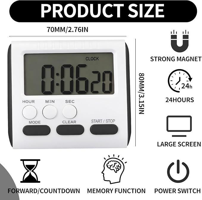 Mudder 6 Pack Digital Kitchen Timer for Cooking, Large Digits, 24 Hour Magnetic Backing Stand Kitchen Timers Clock for Classroom Kids Teachers, Loud Alarm and Large Screen (Black)