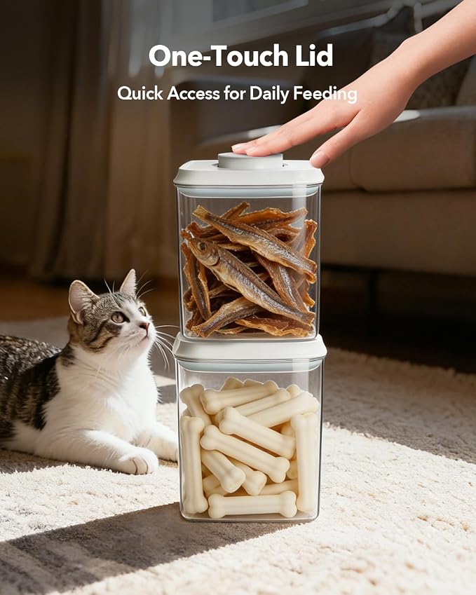 Dog Food Storage System with One-Touch Lid, (4 ×4.22 QT / 4.0 L) Best Value BPA-Free Cat Food Storage Container，Stackable Durable PET with 130ml Scoop, for Complete Kibble & Supply Organization