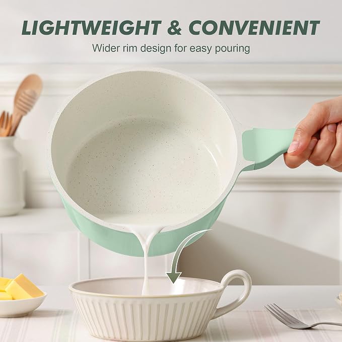 SENSARTE Ceramic Nonstick Saucepan with Lid 1.5 QT, PTFE/PFAS Free, Green | Small Kitchen Cooking Pot with Stay Cool Handle, Induction Compatible, Ceramic Coating